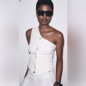 Zara White Asymmetric Interlock Button Vest Top